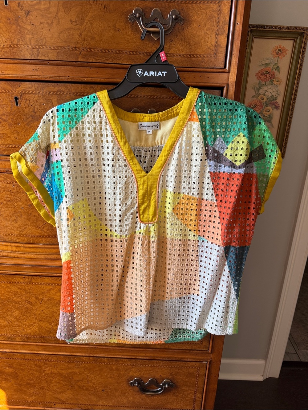 Multicolor Eyelet V-Neck Blouse with Yellow Trim